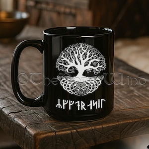 Viking Runes Yggdrasil Mug - Norse World Tree Coffee Mug - Celtic Tree of Life & Younger Futhark Runes Amulet Mug 11 oz - Norse Viking Gift