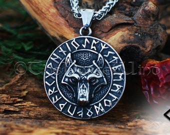 Fenrir Wolf Viking Necklace, Norse Wolf Head Pendant with Futhark Runes and Celtic Knots, Stainless Steel Viking Jewelry, Norse Mythology