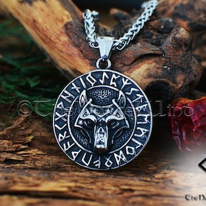 Fenrir Wolf Viking Necklace, Norse Wolf Head Pendant with Futhark Runes and Celtic Knots, Stainless Steel Viking Jewelry, Norse Mythology