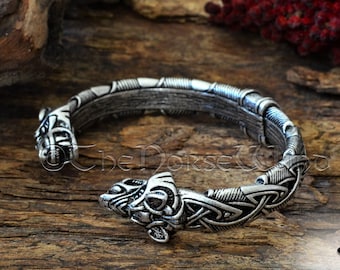 Viking Wolf Bracelet - Fenrir Wolf Head Arm Ring with Celtic Knot - Viking Torque, Silver Torc / Cuff, Norse Mythology, Viking Jewelry