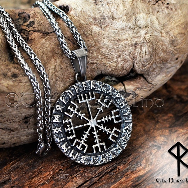 Collana Vegvisir Bussola vichinga Ciondolo rune norvegesi, Amuleto di protezione vichinga, Gioielli vichinghi in acciaio Mitologia norrena