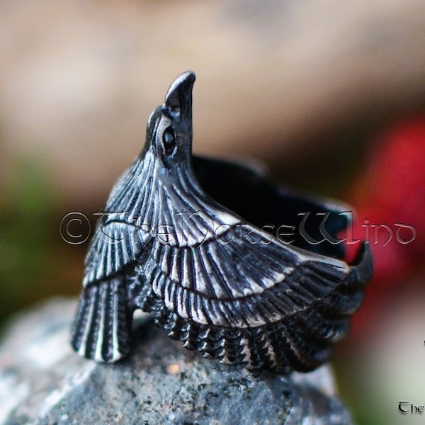 Viking Raven Ring, Flying Raven Black Steel Ring, Odin's Ravens Hugin and Munin Ring, Norse Mythology Viking Ring, Viking Jewelry