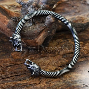 Viking Bracelet, Fenrir Wolf Head Arm Ring, Steel Viking Torque, Viking Wolf Torc, Norse Ragnar Bracelet, Norse Mythology, Viking Jewelry image 2