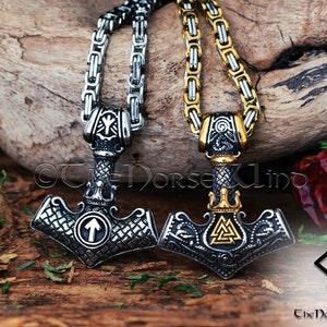 Viking-ketting Thor-hamer met valknut en Tiwaz, Noorse Mjolnir-hanger in zilver of goud, Viking-sieraden, krachtamulet Noorse mythologie