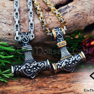 Viking Thor&#39;s Hammer Necklace with Celtic Dragon, Norse Mjolnir Pendant in Silver or Gold Byzantine Chain, Viking Jewelry, Strength Amulet