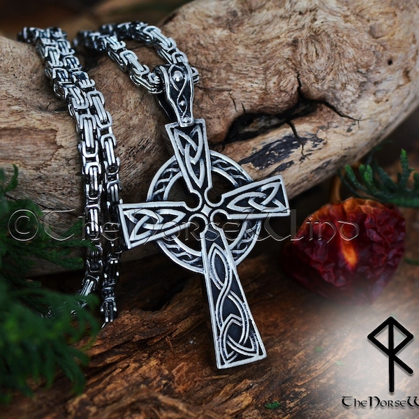 Celtic Cross Necklace, Celtic Knot Irish Cross Pendant, Men's Viking Necklace, Solid Stainless Steel Triquetra, Silver Viking Jewelry