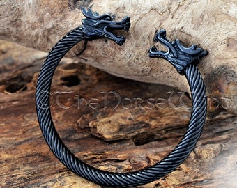 Viking Bracelet Nidhogg Dragon Head Torc, Black Stainless Steel Viking Arm Ring, Celtic Dragon Torque Cuff, Norse Mythology, Viking Jewelry