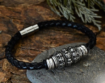 Viking Leather Bracelet, Gothic Skull Black Leather Wristband, Steel Skeleton Bracelet, Norse Mythology