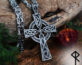 Celtic Cross Necklace, Celtic Knot Irish Cross Pendant, Men's Viking Necklace, Solid Stainless Steel Triquetra, Silver Viking Jewelry