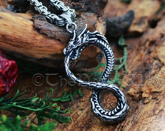 Viking Dragon Necklace, Norse Serpent Pendant, Infinity Knot Jormungandr Necklace, Midgard Steel Viking Jewelry, Norse Mythology