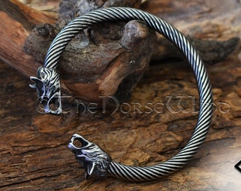 Viking Bracelet, Fenrir Wolf Head Arm Ring, Steel Viking Torque, Viking Wolf Torc, Norse Ragnar Bracelet, Norse Mythology, Viking Jewelry