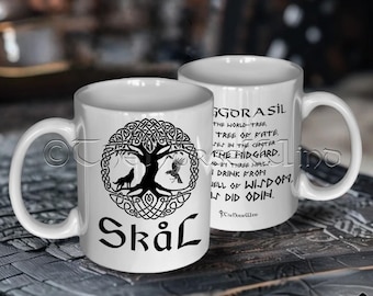 Yggdrasil Viking Mug, Norse Tree of Life Coffee Cup, Wolf & Raven Viking Gift, Norse Mythology Drinkware, Skål Viking Drinking Mug 11oz 15oz