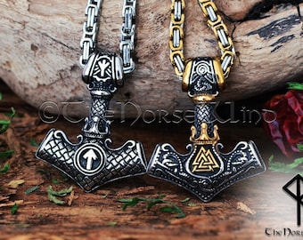 Viking Necklace Thor Hammer with Valknut and Tiwaz, Norse Mjolnir Pendant in Silver or Gold, Viking Jewelry, Strength Amulet Norse Mythology