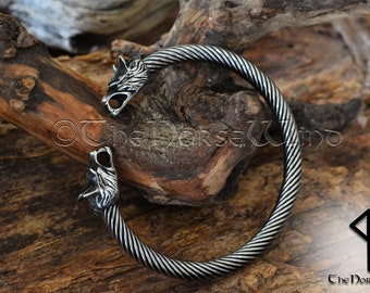 Viking Fenrir Wolf Bracelet – Steel Viking Torque Arm Ring, Norse Wolf Head Torc, Ragnar Norse Mythology Jewelry, Wolf Totem Bracelet