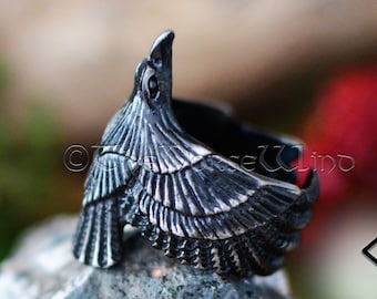 Anillo de cuervo vikingo, anillo de acero negro de cuervo volador, anillo Hugin y Munin de los cuervos de Odín, anillo vikingo de mitología nórdica, joyería vikinga