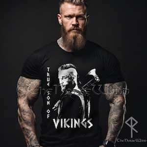 Wikinger T-Shirt, Ragnar Lothbrok Skandinavisch Shirt, True Son of Vikings Axt Tee, Wikinger Herren Geschenk, Biker Tshirt, Nordische Mythologie, Alle Größen S - 5XL