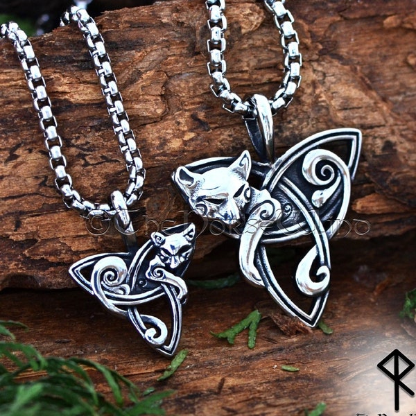 Freya's Cat Viking Necklace, Celtic Trinity Pendant, Stainless Steel Triquetra Norse Mythology Amulet, Viking Jewelry