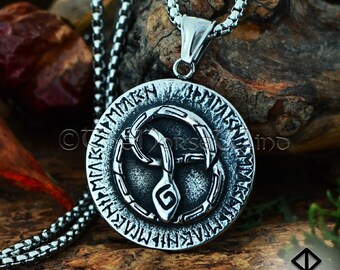 Jormungandr Viking Serpent Necklace, Ouroboros Norse Runes Pendant, Stainless Steel Viking Amulet, Viking Jewelry, Norse Mythology