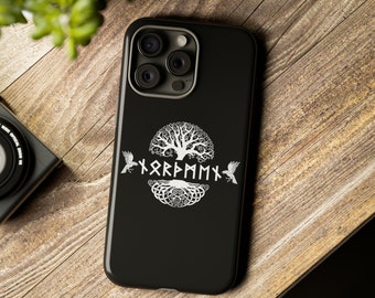 Personalized Viking Phone Case - Your NAME in FUTHARK Runes, Tough Case for iPhone 15/14/13/Samsung, Yggdrasil with Odin Ravens Viking Gift