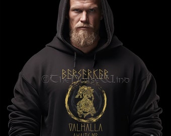 Berserker Viking Hoodie, Valhalla Viking Warriors Sweatshirt with Celtic Knots Bear, Unisex Berserk Hooded Pullover Norse Mythology