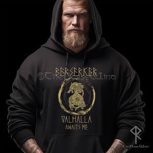 Berserker Viking Hoodie, Valhalla Viking Warriors Sweatshirt with Celtic Knots Bear, Unisex Berserk Hooded Pullover Norse Mythology