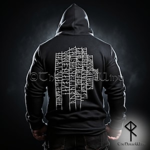 May include: Black hooded sweatshirt with a white design of the full runic alphabet on the back. The Norse word "The Norse Wind" is printed below a rune symbol on the bottom right corner.
