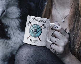 Viking Shieldmaiden Mug, Lagertha Shield Mug, Anniversary Gift, Valentines Gift for Wife or Girlfriend, Viking Coffee Mug, Norse Mythology