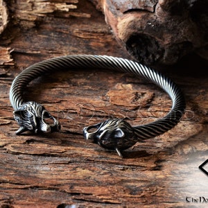 Viking Bracelet, Fenrir Wolf Head Arm Ring, Steel Viking Torque, Viking Wolf Torc, Norse Ragnar Bracelet, Norse Mythology, Viking Jewelry image 6