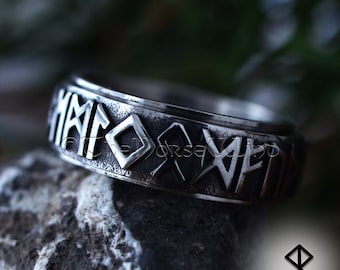 Viking Elder Futhark Runes Ring, Norse Runes 8mm Band Spinner Ring, 316L Stainless Steel Wedding Ring, Norse Mythology, Viking Jewelry