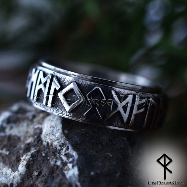 Viking Elder Futhark Runes Ring, Norse Runes 8mm Band Spinner Ring, 316L Stainless Steel Wedding Ring, Norse Mythology, Viking Jewelry