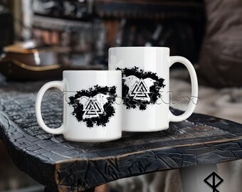 Viking Ravens Valknut Mug, Huginn Muninn Ravens Viking Gift, Allfather Norse Mythology Coffee Cup, Odins Ravens Ceramic Mug, 11oz / 15oz