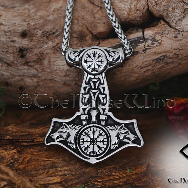 Viking Mjolnir Necklace Fenrir Wolf Thor's Hammer Pendant with Vegvisir Viking Compass, Geri and Freki Amulet Stainless Steel Viking Jewelry