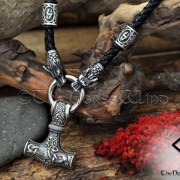 Personalisierte Mjölnir Halskette, Wikinger Thors Hammer O Ring mit Wolfsköpfen Rune Anhänger Fenrir Nordischer Krieger Mjölnir Anhänger Wikinger Schmuck