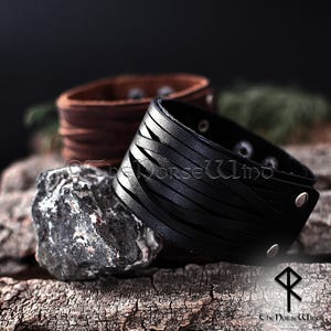 Viking Leather Wrap Bracelet, Norse Warrior Leather Wristband Cuff, Men&#39;s Leather Bracelet, Wide Black/Brown Nordic Cuff, Viking Jewelry