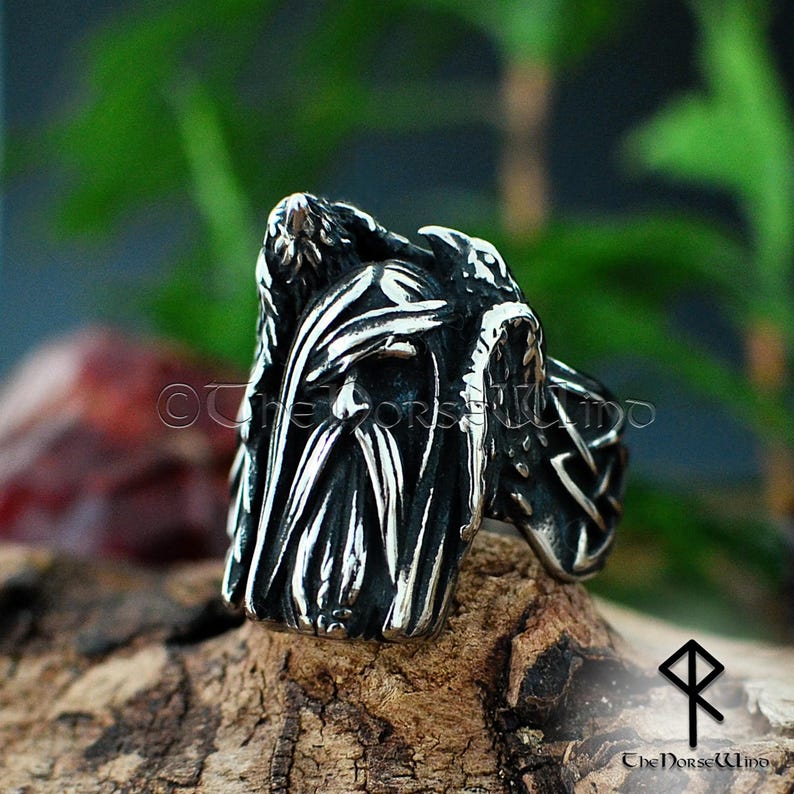 Odin and Ravens Viking Ring | Handcrafted Norse Raven Ring with Celtic Knotwork | Solid Stainless Steel Norse Jewelry for Men