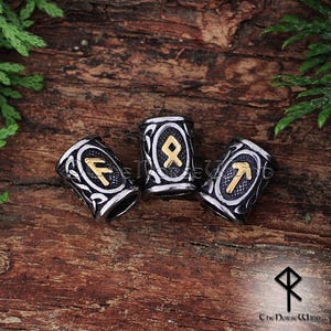 Viking Runes Hair Rings, Norse Beard Beads Stainless Steel & 14K Gold Celtic Dreadlock Beads, Futhark Runes Beard Ring, Viking Jewelry