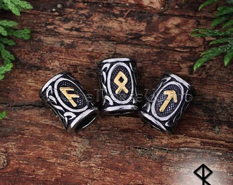 Viking Runes Hair Rings, Norse Beard Beads Stainless Steel & 14K Gold Celtic Dreadlock Beads, Futhark Runes Beard Ring, Viking Jewelry