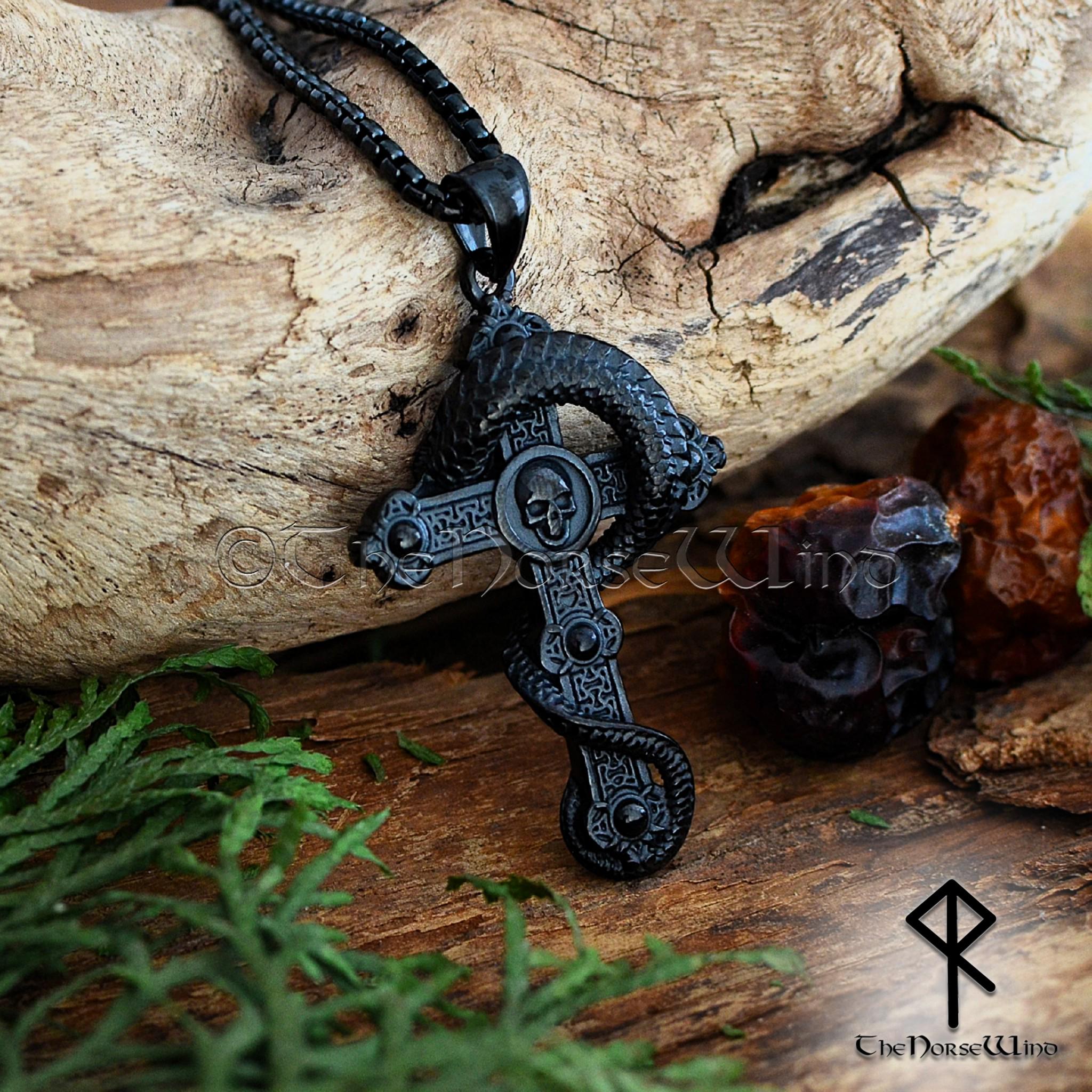 Viking Serpent Cross Necklace, Loki Snake Pendant, Jormungandr