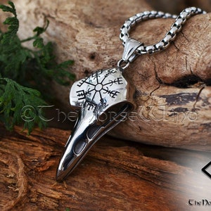 Viking Raven Skull Necklace with Vegvisir Symbol, Hugin and Munin Viking Compass Pendant, Stainless Steel Viking Jewelry, Norse Mythology