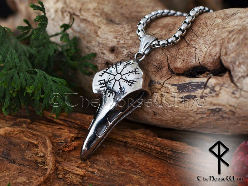 Viking Raven Skull Necklace with Vegvisir Symbol, Hugin and Munin Viking Compass Pendant, Stainless Steel Viking Jewelry, Norse Mythology