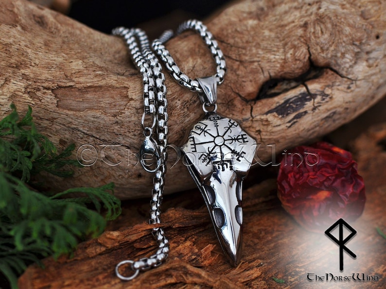 Viking Raven Skull Necklace with Vegvisir Symbol, Hugin and Munin Viking Compass Pendant, Stainless Steel Viking Jewelry, Norse Mythology