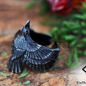 Viking Raven Ring, Flying Raven Black Steel Ring, Odin's Ravens Hugin and Munin Ring, Norse Mythology Viking Ring, Viking Jewelry
