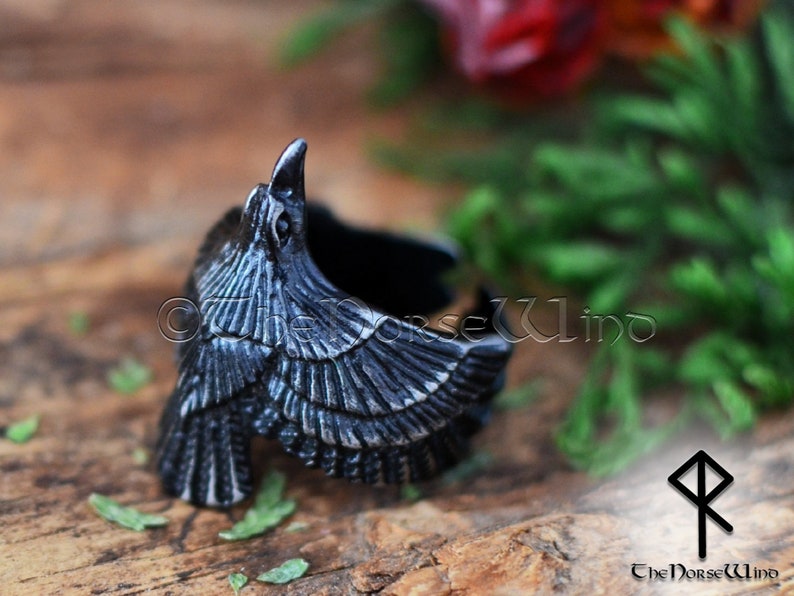 Viking Raven Ring, Flying Raven Black Steel Ring, Odin's Ravens Hugin and Munin Ring, Norse Mythology Viking Ring, Viking Jewelry image 5