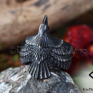 Viking Raven Ring, Flying Raven Black Steel Ring, Odin's Ravens Hugin and Munin Ring, Norse Mythology Viking Ring, Viking Jewelry