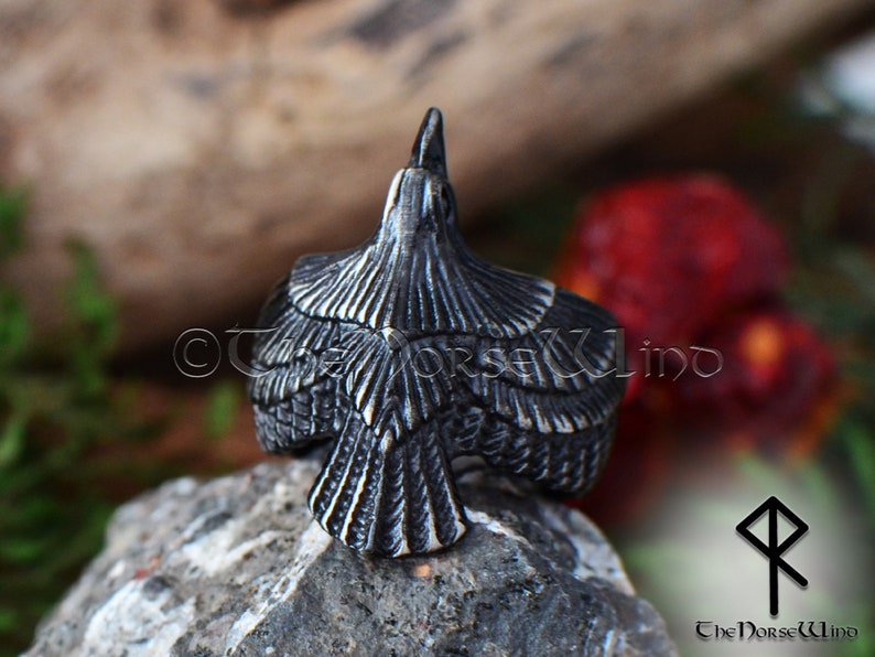 Viking Raven Ring, Flying Raven Black Steel Ring, Odin's Ravens Hugin and Munin Ring, Norse Mythology Viking Ring, Viking Jewelry image 4