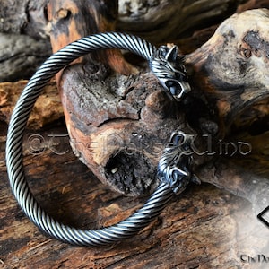 Viking Bracelet, Fenrir Wolf Head Arm Ring, Steel Viking Torque, Viking Wolf Torc, Norse Ragnar Bracelet, Norse Mythology, Viking Jewelry image 7