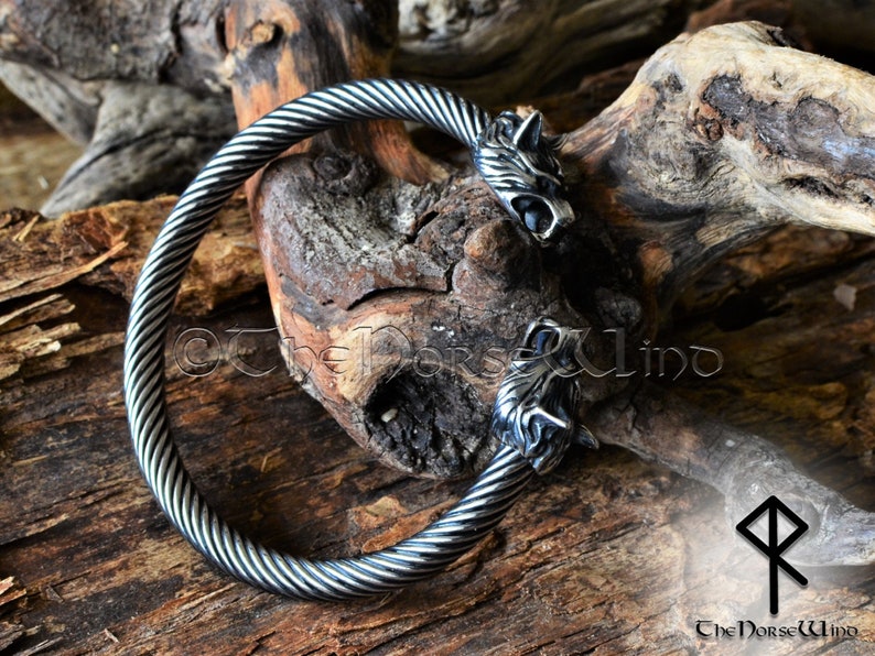 Viking Bracelet, Fenrir Wolf Head Arm Ring, Steel Viking Torque, Viking Wolf Torc, Norse Ragnar Bracelet, Norse Mythology, Viking Jewelry image 7