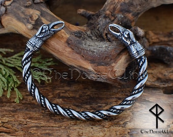 Viking Bracelet - Raven Heads Torque - Stainless Steel Viking Arm Ring, Huginn Muninn Silver Torc / Cuff, Norse Mythology, Viking Jewelry