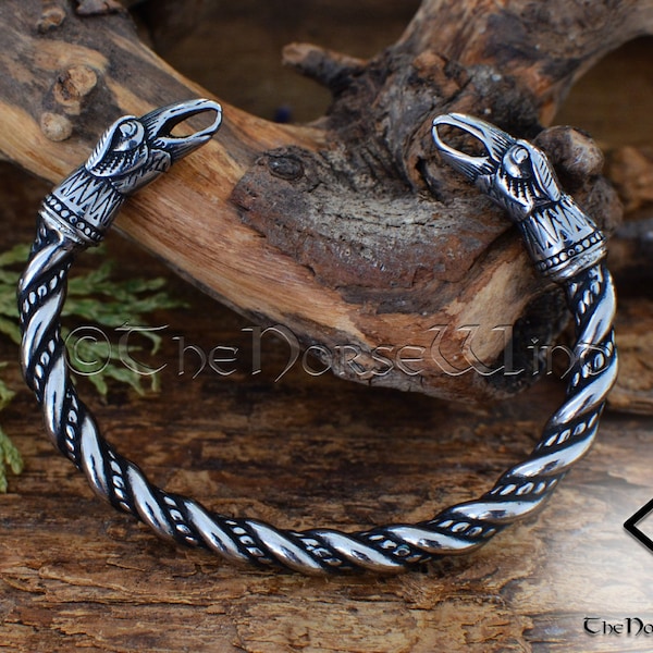 Viking Bracelet - Raven Heads Torque - Stainless Steel Viking Arm Ring, Huginn Muninn Silver Torc / Cuff, Norse Mythology, Viking Jewelry