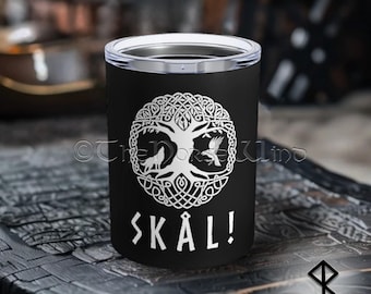 Yggdrasil Viking Tumbler, Odin's Raven & Fenrir Wolf Norse Drinking Mug, Skal Celtic Tree of Life 10oz Tumbler, Norse Mythology Gift